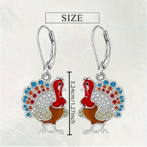 Turkey Pendant Necklace & Earrings Thanksgiving Set Rhinestones Silver Tone - Picture 2 of 3